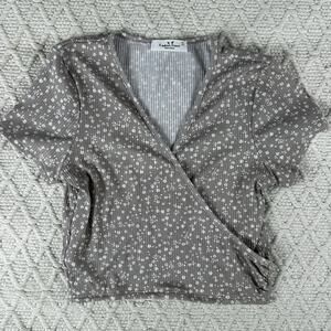 Rebellious Dreamer Women’s Wrap Front Crop Top Brown White Floral Print Size S